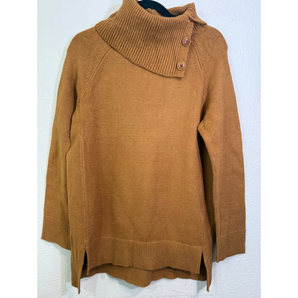 Anthropologie Women XS Camel Brown Asymmetric Button Cowl Neck Sweater Knit Top